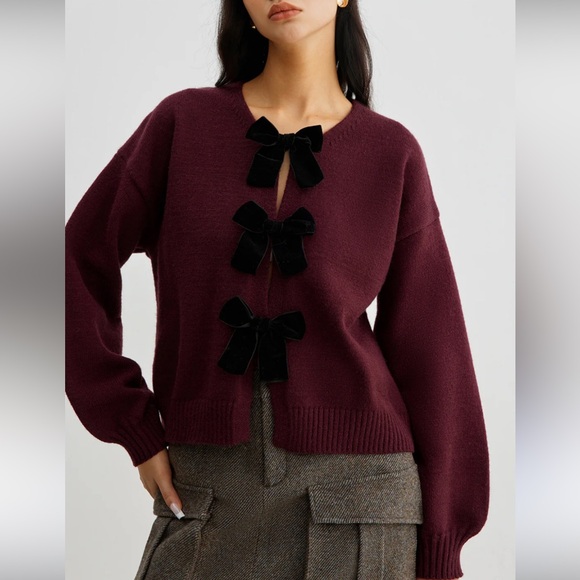 Commense Sweaters - Commense Burgundy Cardigan with Black Velvet Bows